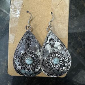 Silver Teardrop Earrings with Floral Design
